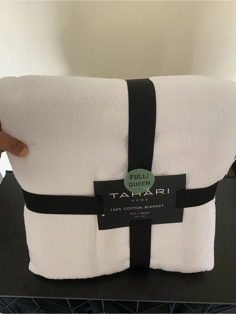 Tahari White Cotton Blanket with Subtle Herringbone Texture